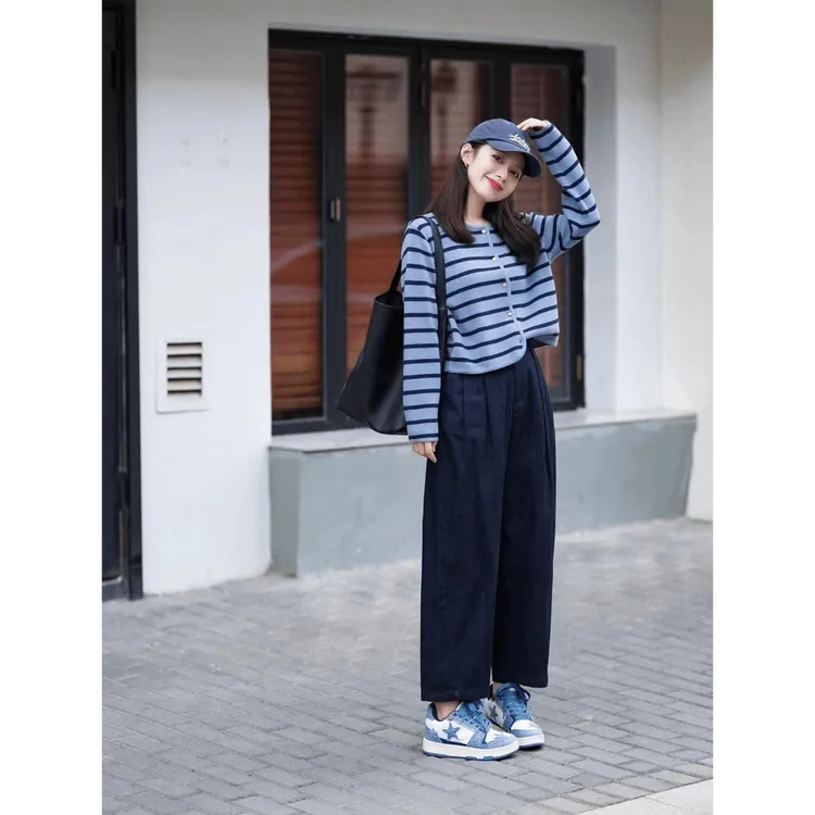 2025新款秋季休闲简约条纹针织衫搭配休闲裤阔腿裤裤子显瘦两件套
