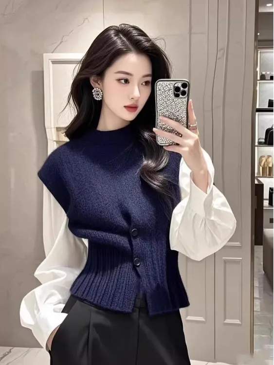 大码韩系气质长袖衬衫女2024新款秋叠穿针织马甲背心两件套装上衣