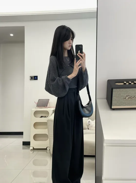 秋季搭配一整套女温柔风复古圆领长袖针织开衫高腰显瘦休闲裤套装