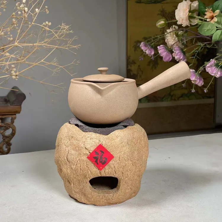 侘寂风陶瓷纯手工围炉陶土炭炉家用茶具木炭茶炉过滤侧把壶煮茶