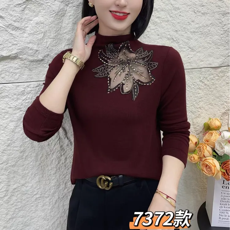 【歌莱图】2025秋季新款时尚纯色镂空大花半高领洋气修身小衫#9011