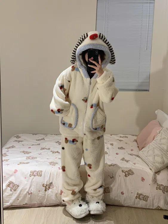 可爱腊肠狗连帽睡衣女冬季加绒加厚家居服睡袍可外穿大码卡通睡裙