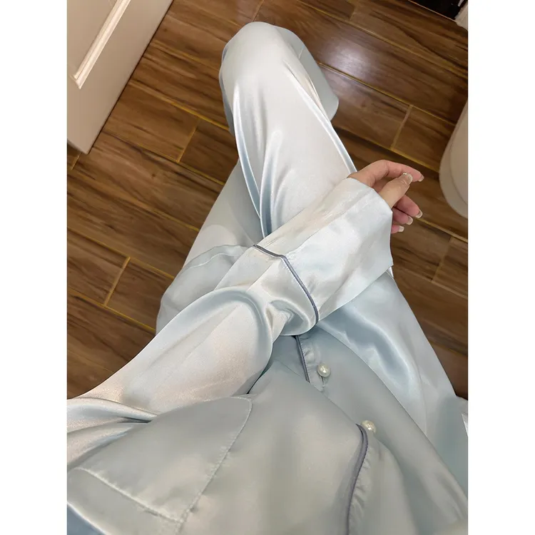 法式气质蓝色冰丝睡衣套装春秋季新款薄款长袖小个子舒适家居服女