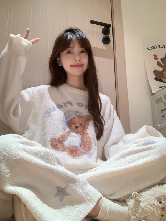 【软fufu小熊】新款可爱针织半边绒睡衣女套装秋冬季加绒轻松熊睡衣