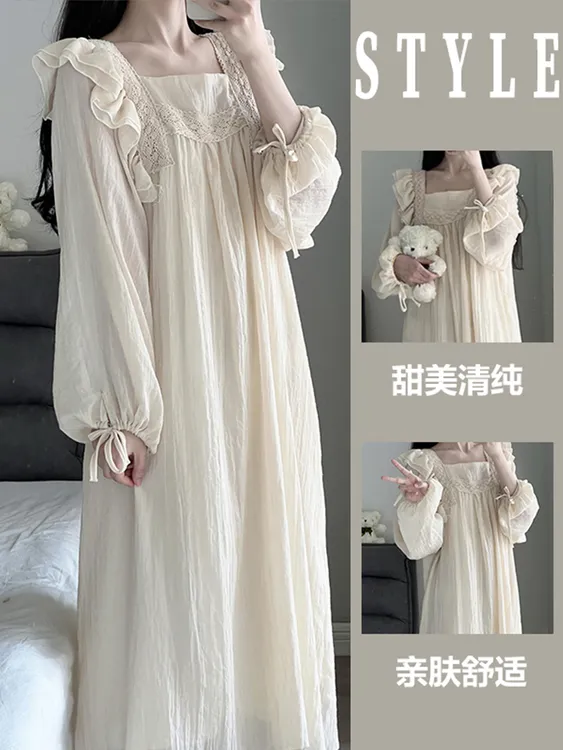 法式简约长袖睡衣女春秋款2025年新款高级荷叶边连衣裙居家睡裙