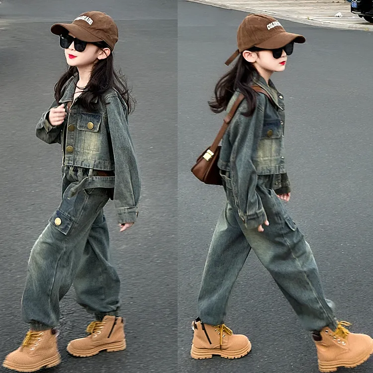 女童牛仔套装秋季新款中大童春秋韩版哈伦工装裤两件套休闲时髦潮
