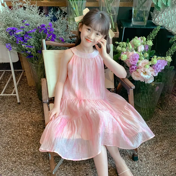 女童无袖挂脖裙子2025新款吊带裙夏天公主裙儿童夏装雪纺连衣裙潮