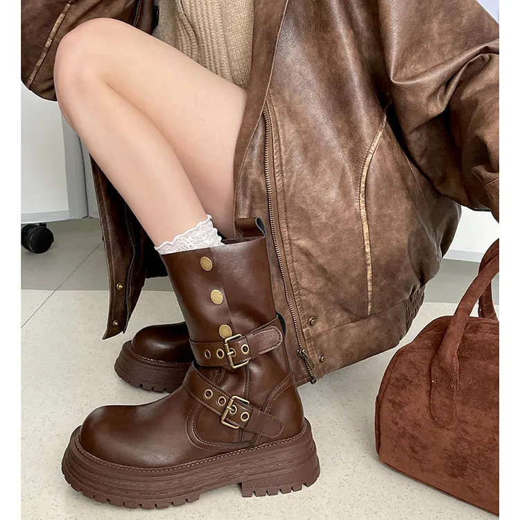 南花花复古粗跟厚底马丁靴女款2025新款秋冬英伦风显瘦增高短筒靴