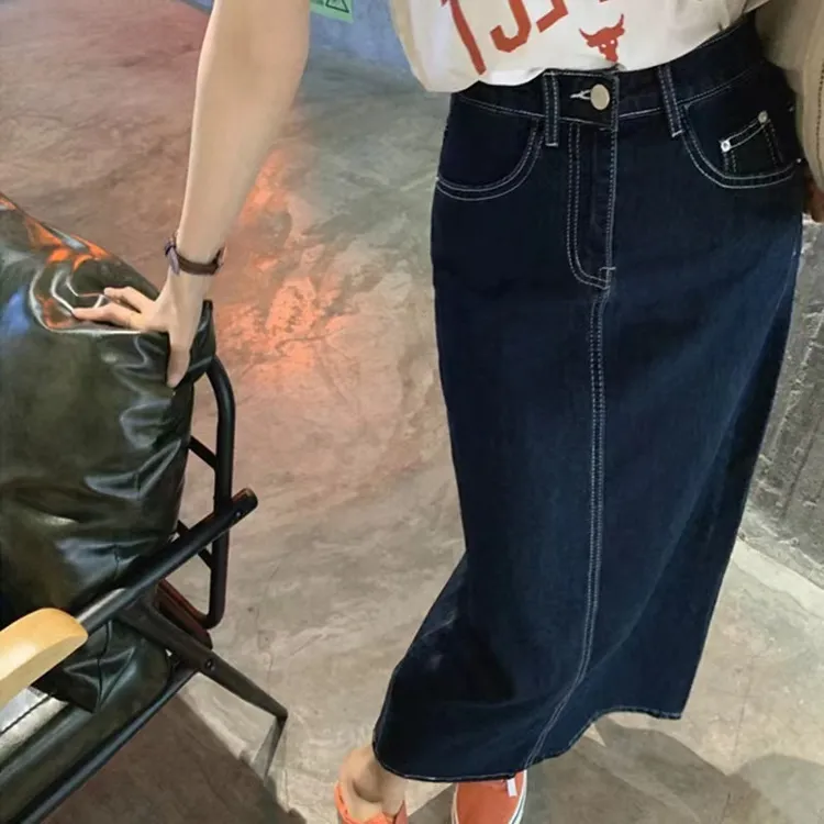 深蓝色牛仔半身裙子女大码显瘦包臀裙身材爆款开叉a字长裙新款A字