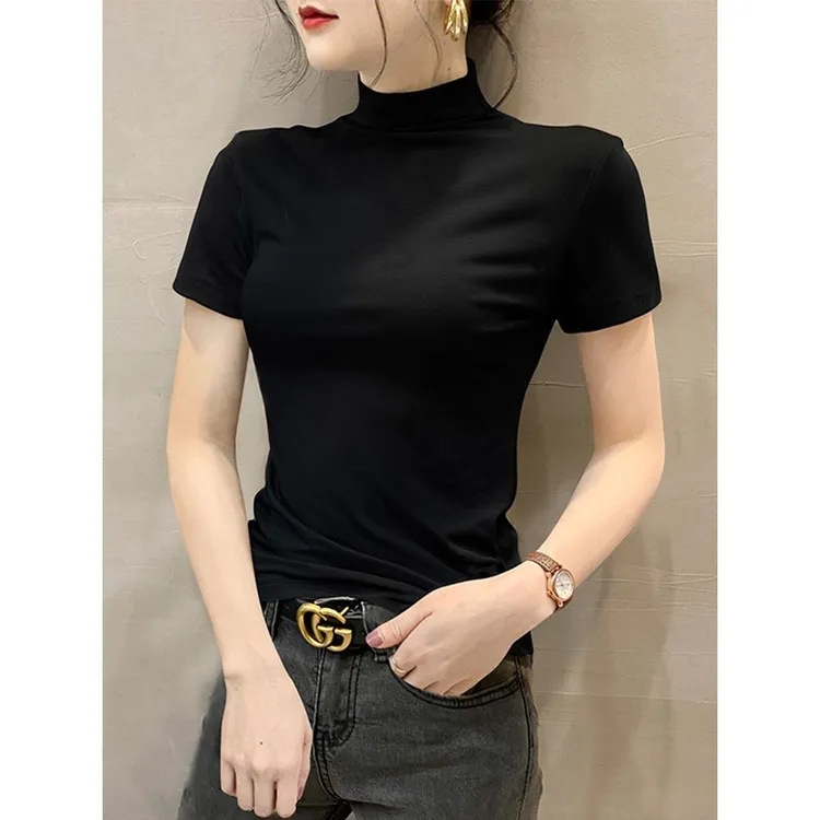 莫代尔半高领短袖t恤女2025春夏新款黑色冰肌薄款打底衫修身上衣
