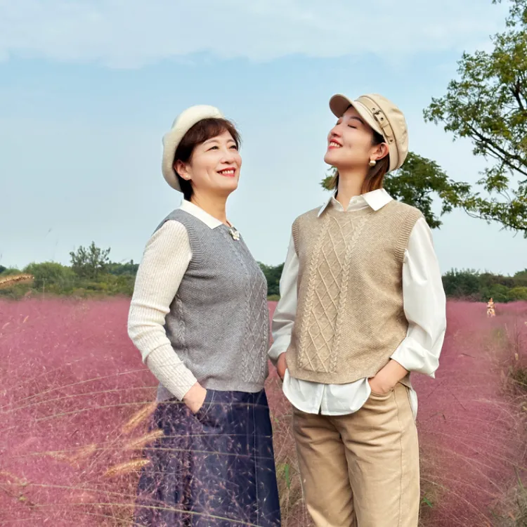 【出口外单】重工圆领后开叉马甲简约宽松百搭针织女气质休闲 C122