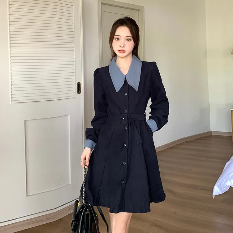 学生气质连衣裙秋季小个子长袖法式气质POLO领裙子收腰显瘦配腰带