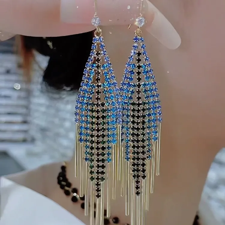 铜合金耳饰 100新款奢华大气百搭气质流苏耳环，优雅时尚蓝色气质