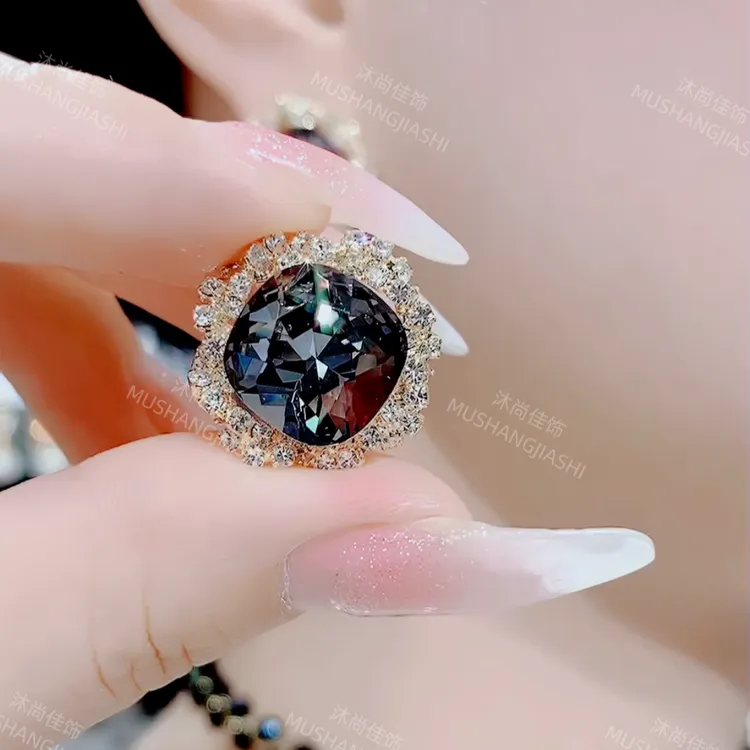 铜合金仿水晶耳饰 242闪亮S925银针满钻黑色仿水晶高档耳钉耳环