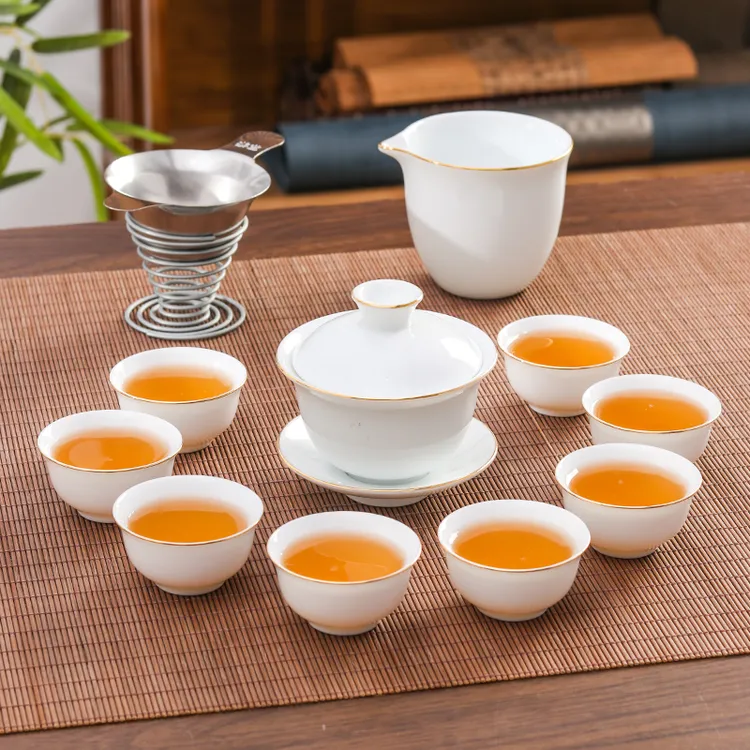 高温白玉陶瓷功夫茶具套组描金边盖碗茶杯茶壶公道杯茶杯整套套装