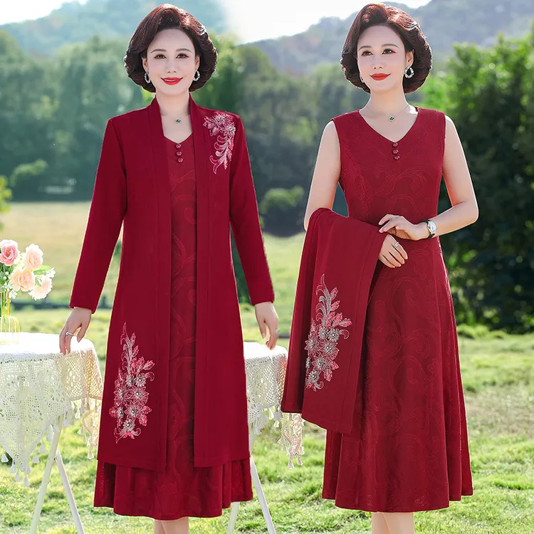 2024新款妈妈装两件套春季高贵气质喜庆婚宴连衣裙洋气中老年女装