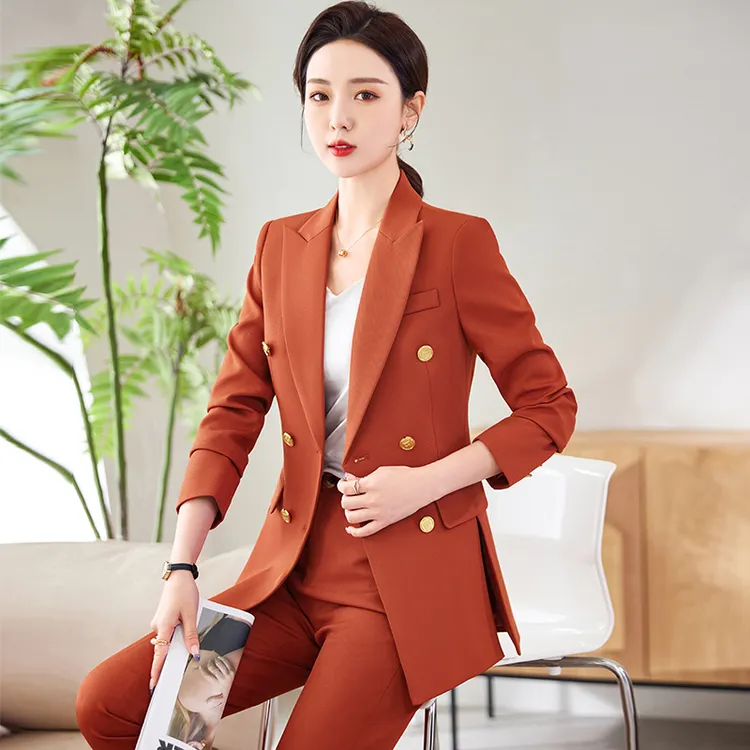 2025春季新款艾玛橙双排扣西服职业气质时尚韩版修身套装两件套装