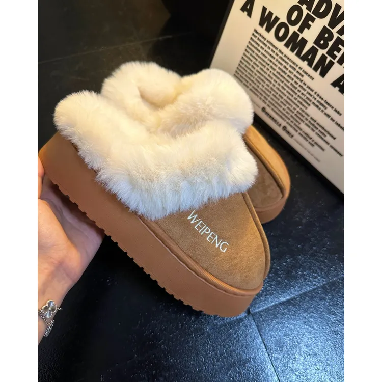 【原版】网红冬季毛毛拖鞋时尚家居雪地靴外穿厚底加绒防滑软底拖鞋