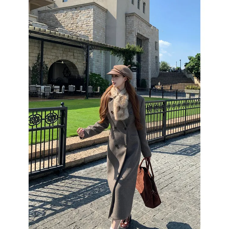 ffcheer 毛领收腰双排扣羊毛大衣女中长款秋冬季气质呢子西装外套