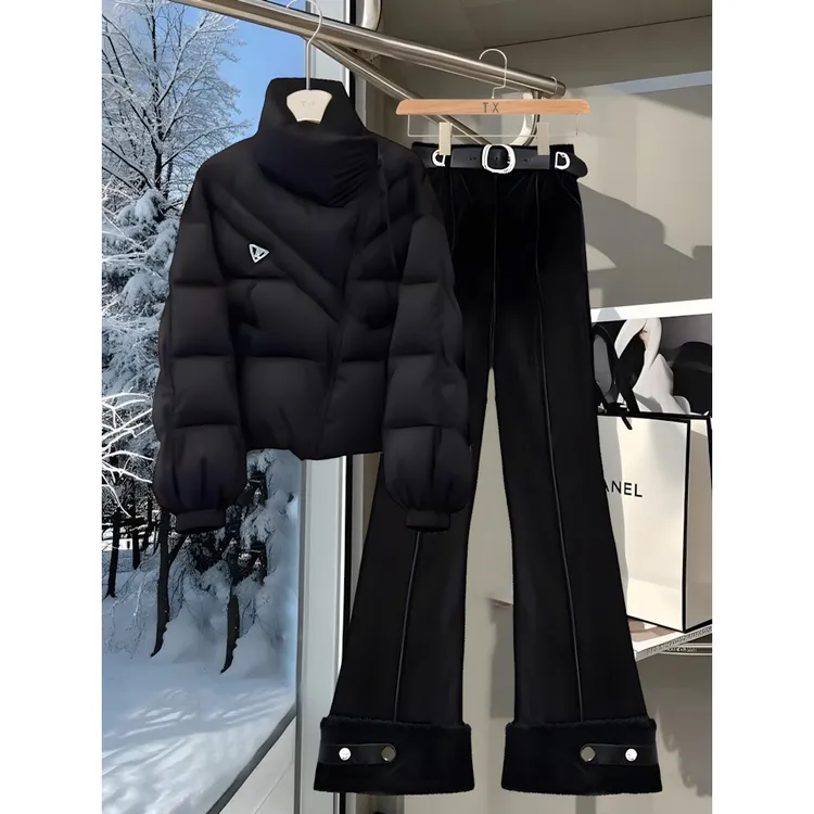 2025冬季女装时尚潮牌加厚保暖棉服外套休闲百搭遮肉显瘦微喇裤子