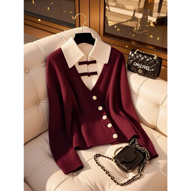 2025冬季今年流行时尚爆款洋气气质撞色安可拉红针织衫毛衣上衣女