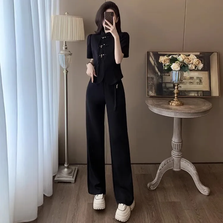 【轻奢潮牌】新中式套装女2025夏季新款洋气国风盘扣短袖t恤上衣阔