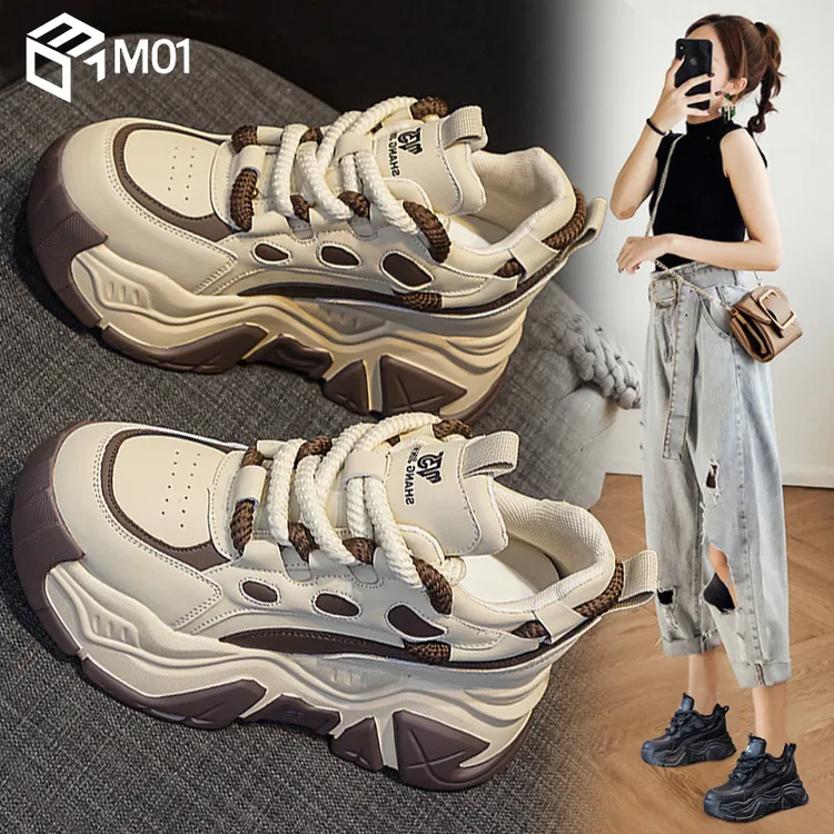 M01老爹鞋女2025新款秋冬加绒真皮松糕厚底内增高百搭运动休闲鞋