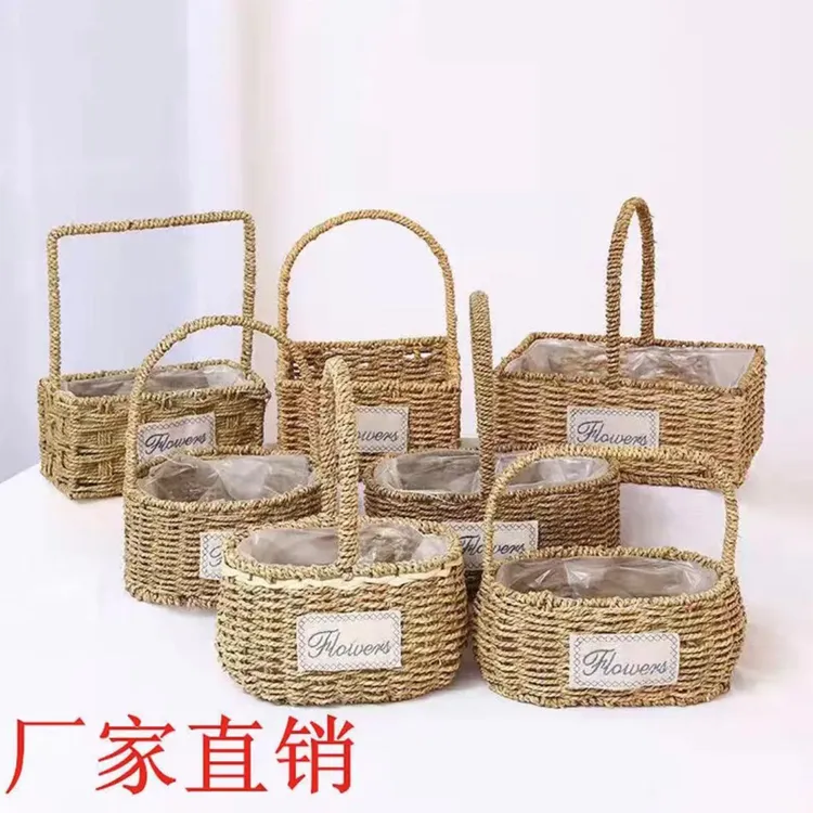 草编手提花篮藤编花筐大号鲜花果篮花束插花家用提篮篮子多肉花盆