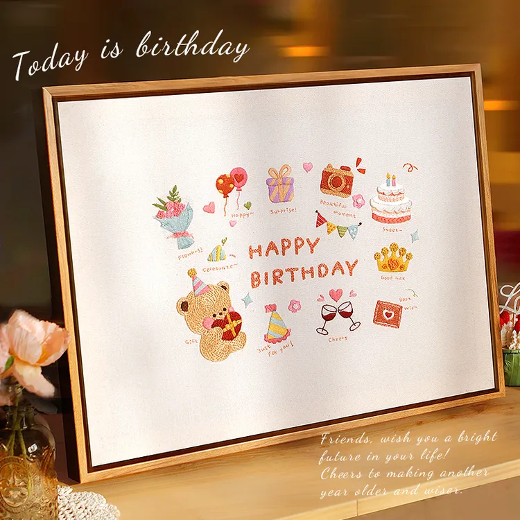 布丁多多刺绣手工diy材料包简单制作精致好看生日快乐立体相框画