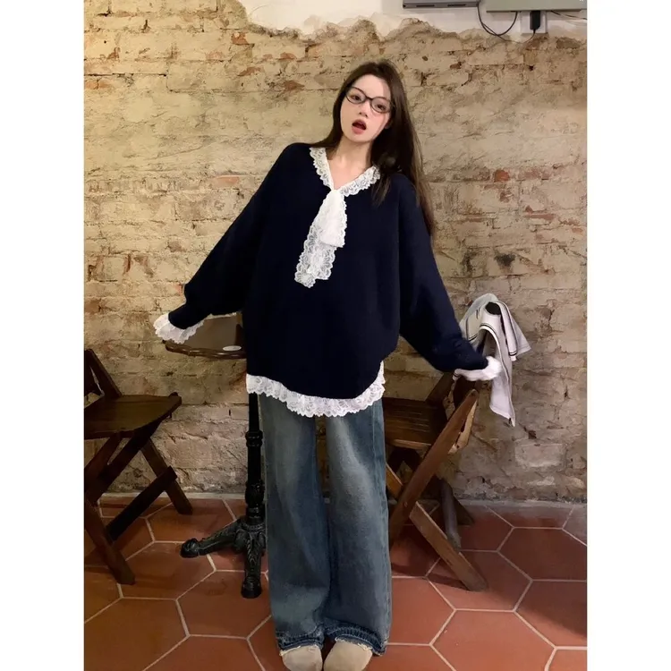 【原版正品】蕾丝拼接时尚百搭针织毛衣秋冬套头加厚慵懒风外穿上衣