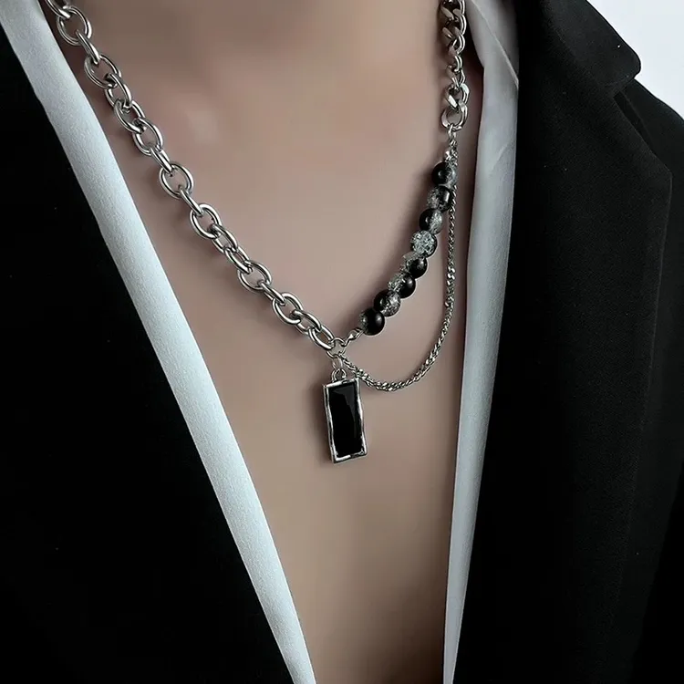 钛钢项链 暗黑方锆吊坠冰裂珠项链男潮高级感原创设计感小众配饰