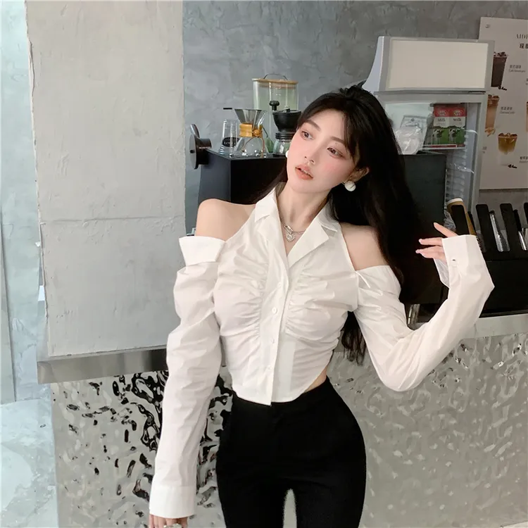 早秋新款设计感甜美辣妹风露肩短款衬衫女小众百搭西装领收腰衬衣