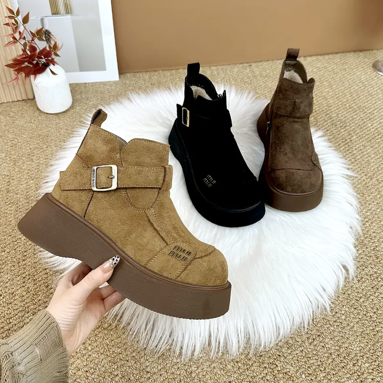 厚底绒面勃肯马丁靴女冬加绒保暖百搭圆头防滑英伦风复古增高短靴
