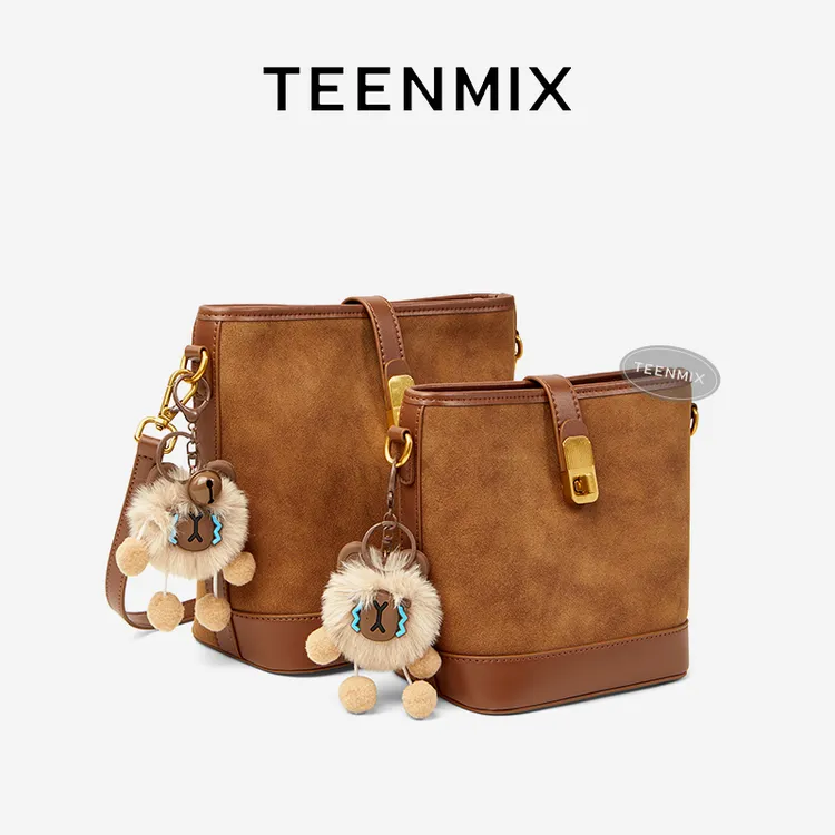 天美意包包女2025新款时尚水桶包秋冬磨砂牛皮单肩包通勤斜挎包潮