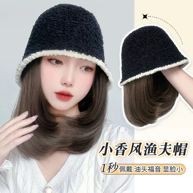 假发帽子女秋冬小香风渔夫帽一体锁骨发水桶帽自然仿真短发全头套
