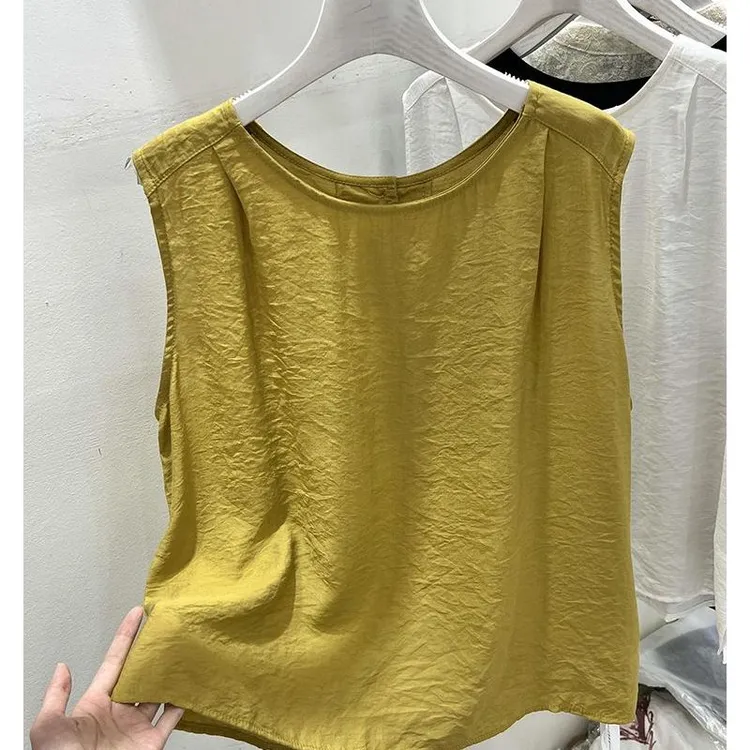高级感圆领纯色无袖坎肩棉麻背心雪纺衫女2024夏季薄款遮肚子上衣