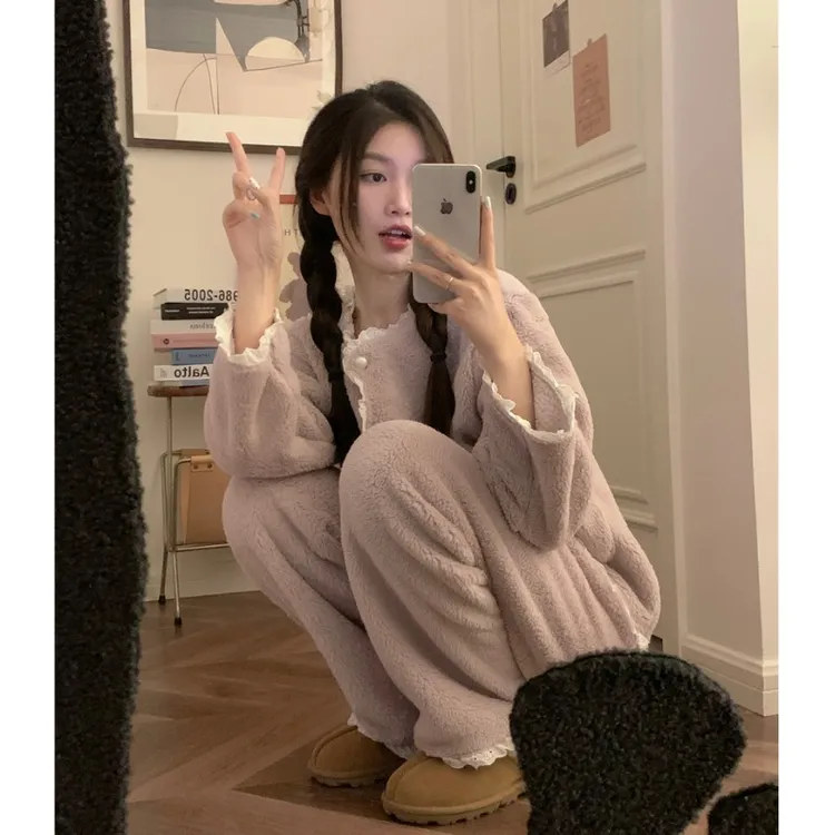 公主风蕾丝边睡衣女秋冬可外穿珊瑚绒加厚保暖长袖长裤家居服套装