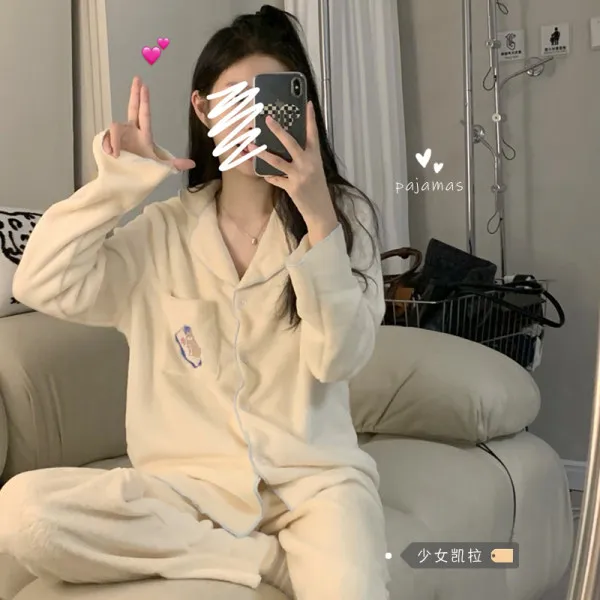 珊瑚绒睡衣女秋冬季加绒加厚小熊款ins卡通高颜值可爱少女风睡衣