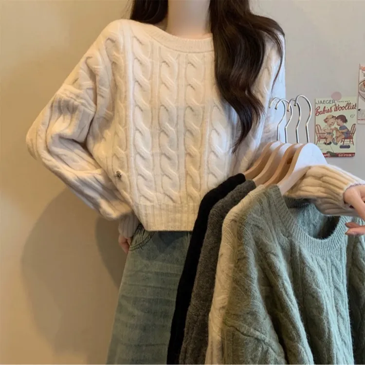 慵懒风麻花短款毛衣女秋冬2024新款小个子设计感小众宽松针织上衣