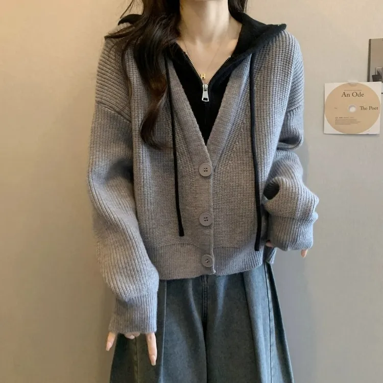 假两件针织衫女小个子秋冬设计感慵懒高级感连帽短款灰色毛衣开衫