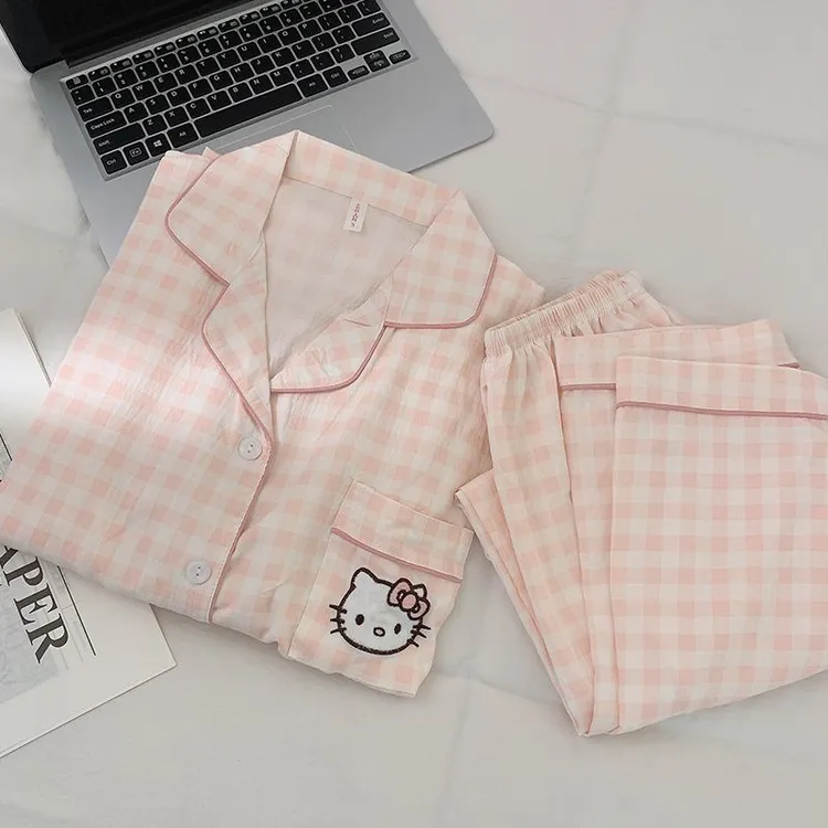 春秋新款粉格凯蒂猫云朵棉长袖长袖薄款睡衣女可爱卡通家居服套装