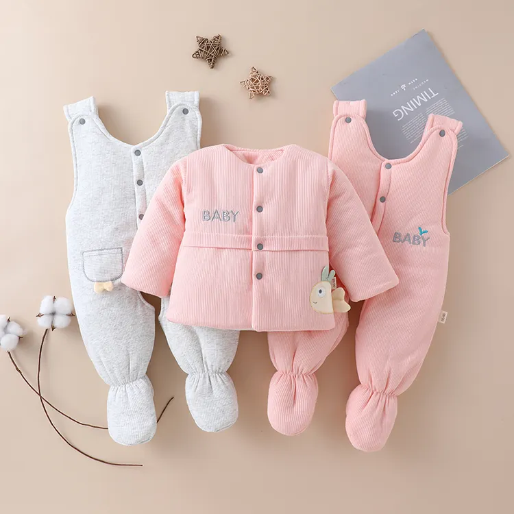 婴儿加厚棉衣套装宝宝加棉背带裤新生儿三件套衣服冬季棉袄连包脚