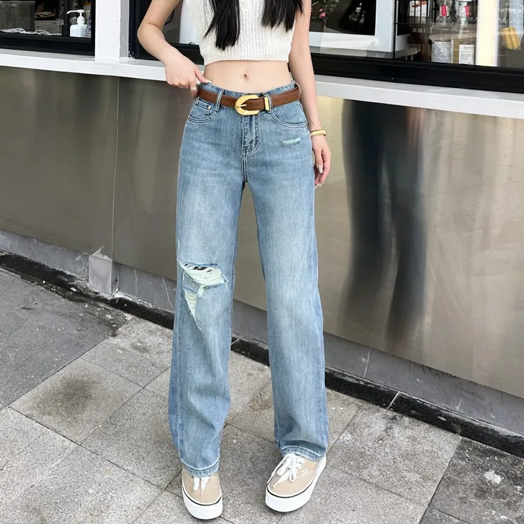 牛仔阔腿裤女夏季新款高腰宽松显瘦薄款破洞直筒拖地欧版浅色长裤