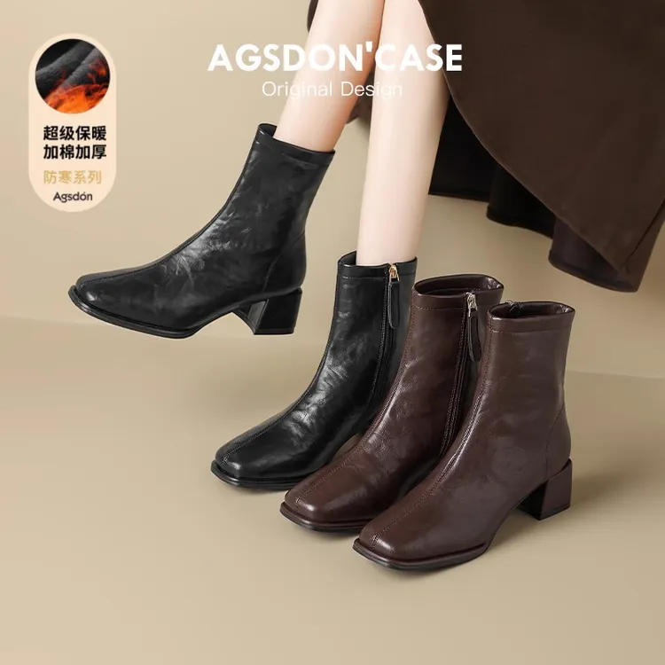 奥古狮登短靴女2025新款冬季加绒方头粗跟英伦风马丁靴时装瘦瘦靴