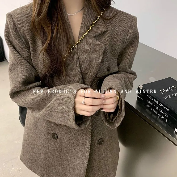 2024新款秋冬高级毛呢小个子西装中长款外套宽松加厚呢子大衣