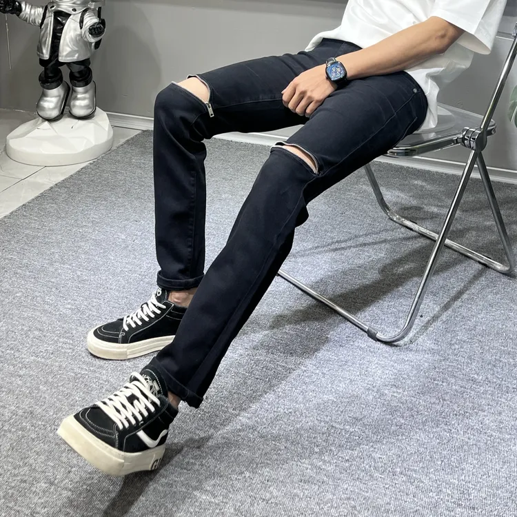 四季膝盖拉链破洞高街黑色直筒微弹九分流行水洗男士韩版牛仔裤