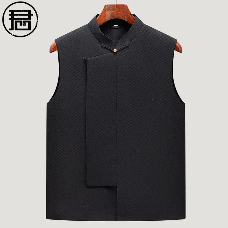 君子企鹅新中式羊毛马甲男式秋款爸爸老北京老式斜襟马夹中国风