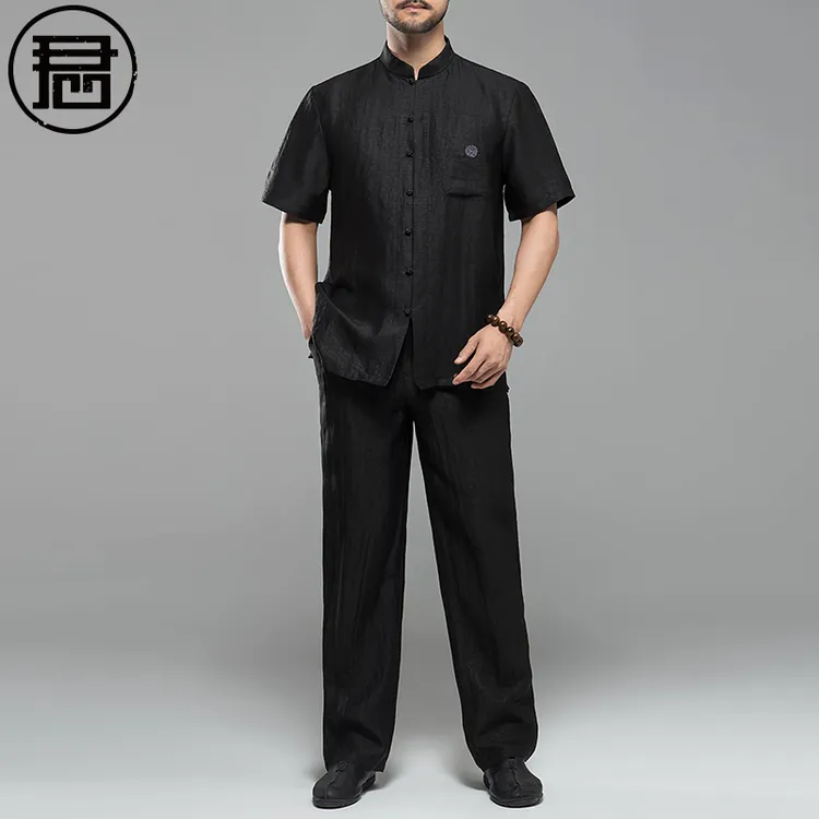 香云纱男唐装夏季真丝短袖桑蚕丝莨绸中式禅意古风套装中国风男装