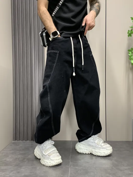 美式休闲阔腿直筒牛仔裤男士潮牌春秋纯色工装裤时尚百搭弯刀长裤