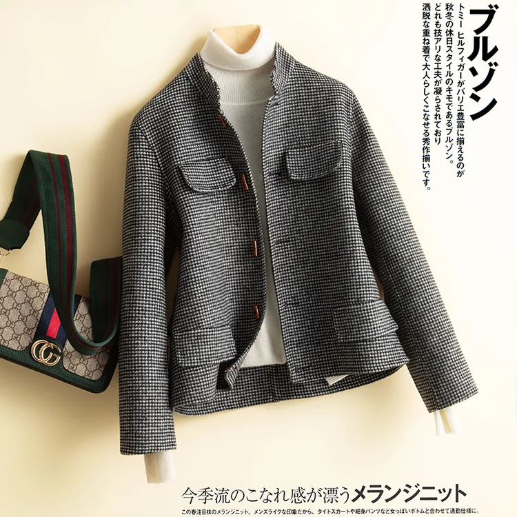 秋冬双面羊毛大衣女千鸟格立领短款小个子修身百搭毛呢外套无羊绒